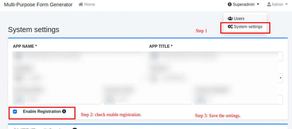 Enabling registration in multi purpose form generator